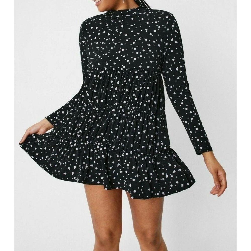 Nasty Gal Polka Dot High Neck tiered Mini Dress Size: 8